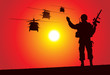Silhouette of a soldier with helicopters on the background Silhouette of a soldier with helicopters on the background