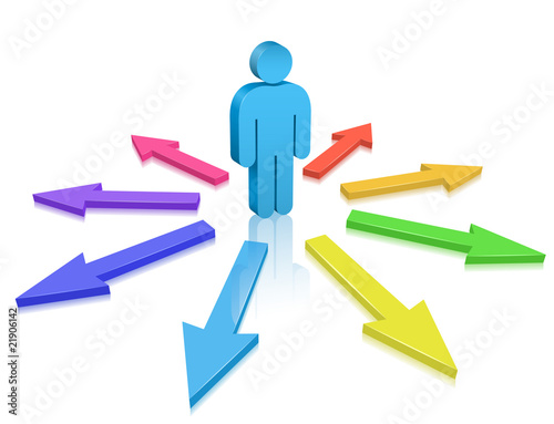 Vektor: Choice. Man and colored arrows. Choice. Man and colored arrows.