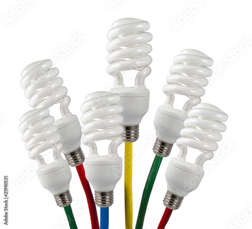 Photo: Bright Ideas Fluorescent Light Bulbs attached to colored cables Bright Ideas Fluorescent Light Bulbs attached to colored cables
