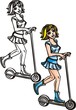 Small girl rides on scooter.