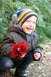 Photo: Smiling boy in autumn park with leaves Smiling boy in autumn park with leaves