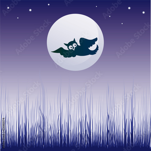 Vektor: illustration with dark owl silhouette illuminated by the moon illustration with dark owl silhouette illuminated by the moon