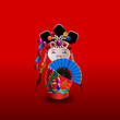 Chinese doll in red with blue fan