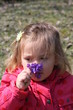 bébé fille sentant des violettes