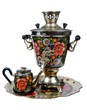 decorated samovar, teapot and tray on a white background