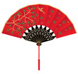 Red Silk Chinese Fan Decorated with Flowers and Bird Red Silk Chinese Fan Decorated with Flowers and Bird