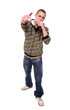 The young man goes and speaks in a microphone