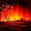 Fantastic burning hell scenery with a tree and an ancient city