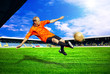 Happiness football player after goal on the field of stadium wit