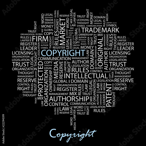 Vector: COPYRIGHT. Collage with association terms on black background. COPYRIGHT. Collage with association terms on black background.