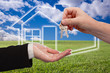Handing Over Keys on Ghosted Home Icon, Grass Field and Sky Handing Over Keys on Ghosted Home Icon, Grass Field and Sky