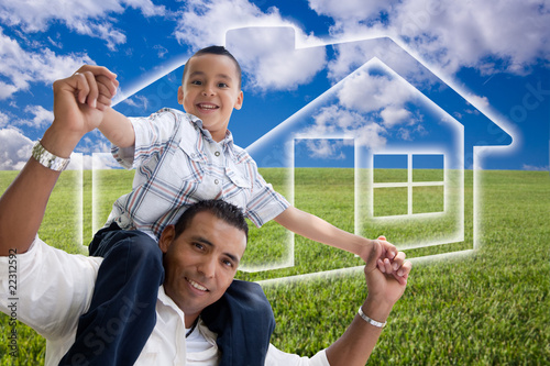 Photo: Father and Son Over Grass Field, Clouds, Sky and House Icon Father and Son Over Grass Field, Clouds, Sky and House Icon