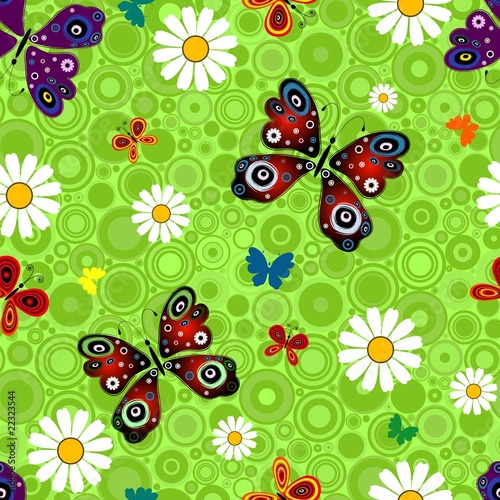  Seamless green pattern with butterflies