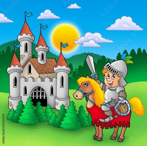 Illustration: Knight on horse with old castle Knight on horse with old castle