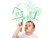 boy drawing  his family by felt-tip pen, collage