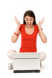 Woman with Laptop Cheering