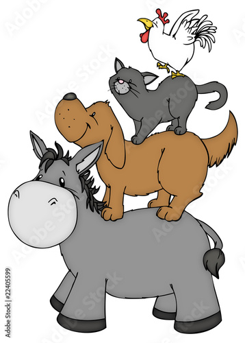 Illustration: Bremer Stadtmusikanten, Hahn, Katze, Hund, Esel Bremer Stadtmusikanten, Hahn, Katze, Hund, Esel