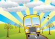 vector school bus and retro landscape
