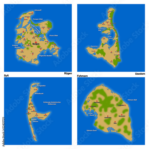 Illustration: Landkarten - Sylt, Fehmarn, Rügen, Usedom (01) Landkarten - Sylt, Fehmarn, Rügen, Usedom (01)