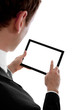 Businessman holding a blank touchpad pc, finger touches screen