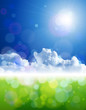 bright sun, clear skies, fluffy clouds, green grass