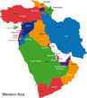 Colorful Western Asia map with countries and capital cities Colorful Western Asia map with countries and capital cities