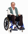 Happy older man sitting isolated on a wheelchair