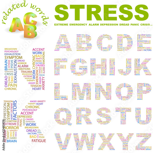 Vector: STRESS. Wordcloud alphabet with different association terms. STRESS. Wordcloud alphabet with different association terms.