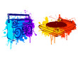 Boombox and turntable, with colorful grunge elements.