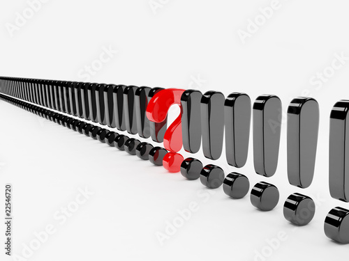 Illustration: Question mark among exclamations marks Question mark among exclamations marks