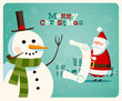 Christmas card with Santa and snowman. Vector. Editable