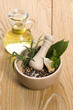 Mortar and pestle, with fresh-picked herbs
