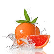 Water splash on grapefruit with mint isolated on white