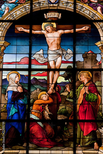Photo: Jesus on the cross - church window in Stockholm Jesus on the cross - church window in Stockholm