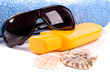 towel, shells, sunglasses and lotion
