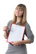 Businesswoman shows blank clipboard
