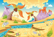 Background with tree palms and volcanoes. Vector illustration. Background with tree palms and volcanoes. Vector illustration.