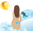 Summer beach background with girl and kitesurfer.