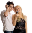 Young couple with headphones and microphone