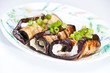 Eggplant rools with goat cheese and young onion
