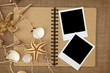 Fishing net and exercise book on brown background Fishing net and exercise book on brown background