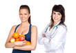 Young pretty girl with many fruits and nutritionist