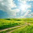 Summer landscape with green grass, road and clouds Summer landscape with green grass, road and clouds