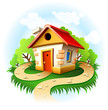 Vector: fairy-tale house among trees with walk path fairy-tale house among trees with walk path