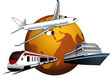 Globo terrestre con aereo, nave e treno