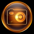 Camera icon golden, isolated on black background Camera icon golden, isolated on black background