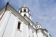 The side wall and towers of white orthodox cathedral