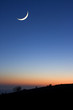 A cresent moon at sunset above silhouetted trees