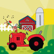 Rooster Crowing On A Tractor Near A Barn