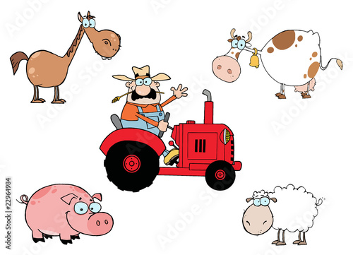 Vector: Caucasian Farmer On A Tractor, With A Horse, Cow, Pig And Sheep Caucasian Farmer On A Tractor, With A Horse, Cow, Pig And Sheep